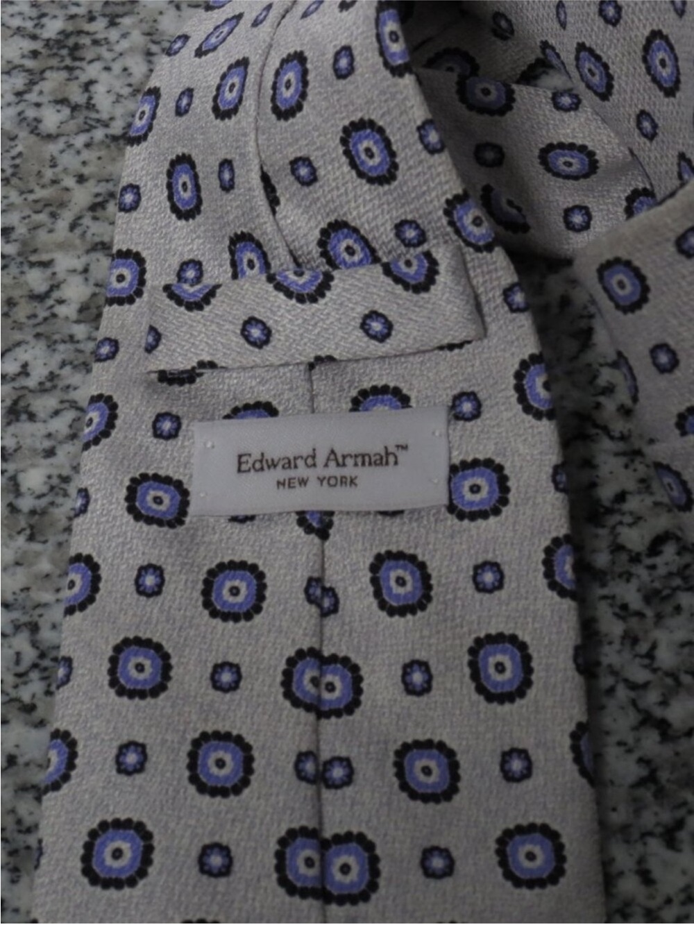 Edward Armah Men’s Light Gray Silk Tie with Blue Floral Medallions Sz OS